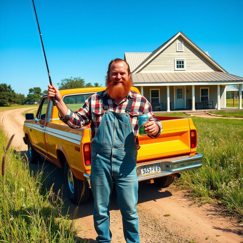 A cheerful redneck man with a scruffy beard wearing a plaid shirt and denim overalls stands beside a pickup truck in the countryside