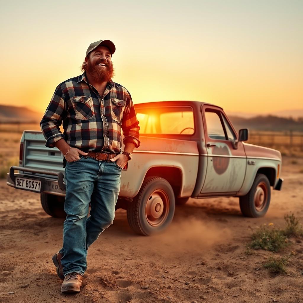 A rugged redneck character standing confidently in a dusty rural setting, wearing a plaid shirt, worn jeans, and a trucker cap