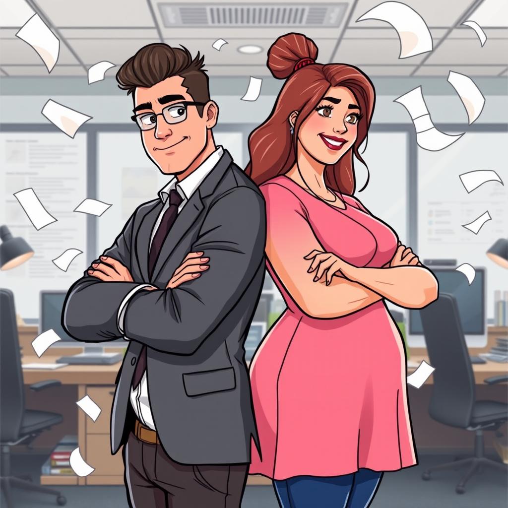 A cartoon-style illustration for an ebook cover featuring a 30-year-old handsome CEO with a confident posture and stylish attire, standing back-to-back with a beautiful plus-size woman weighing 97kg, dressed in a lovely pink dress
