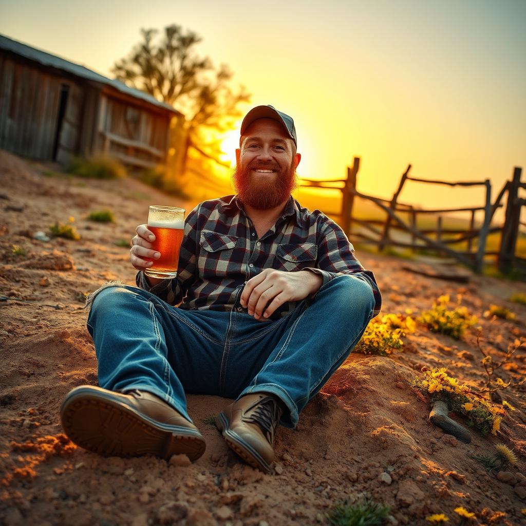 A rugged redneck character sitting comfortably in the dirt, wearing a plaid shirt, worn-out jeans, and a baseball cap