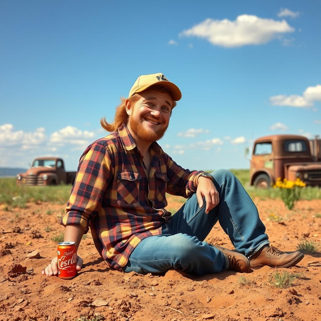 A rugged redneck character, sporting a plaid shirt and denim jeans, sitting in the dirt with a playful grin
