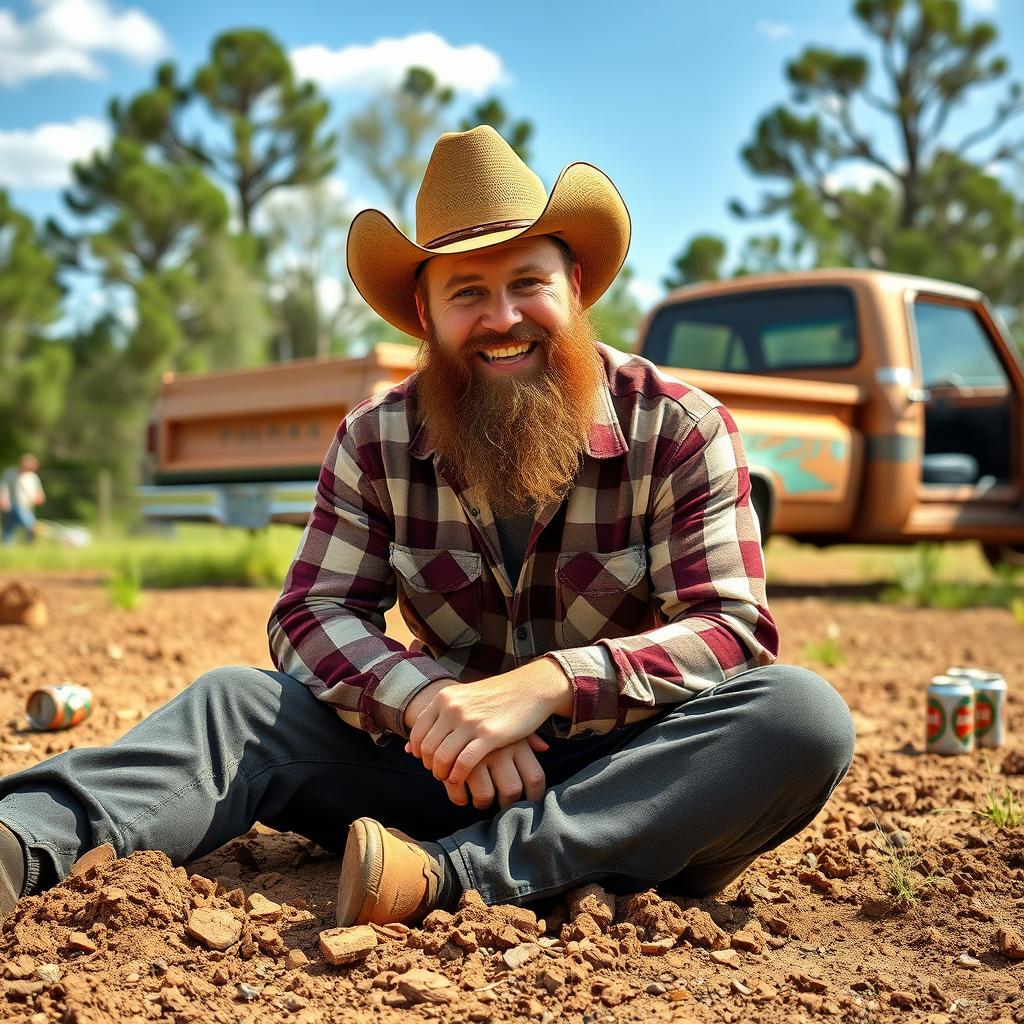 A rugged redneck man outdoors, wearing a plaid shirt and cowboy hat, sitting in the dirt