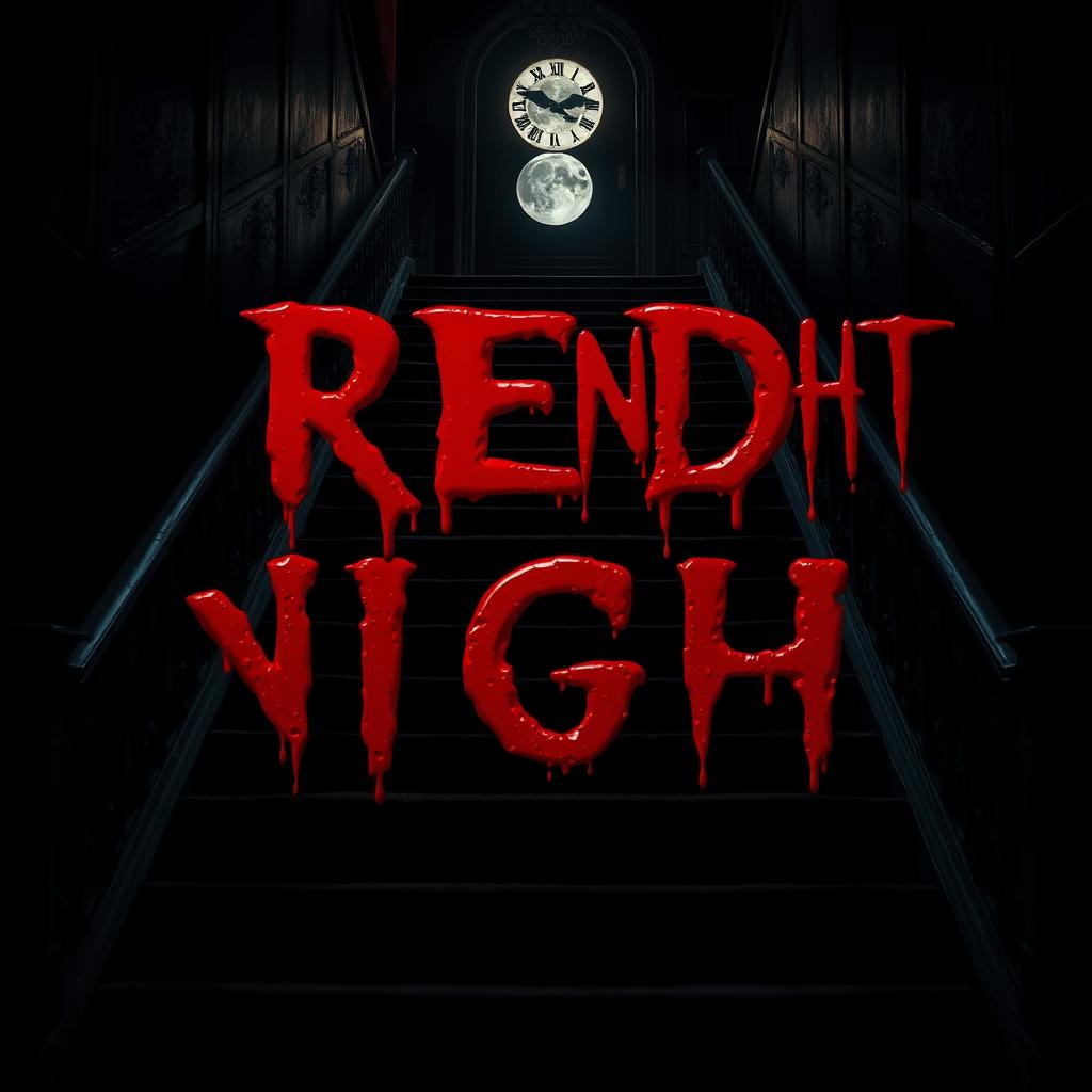 The phrase 'RED NIGHT' prominently displayed in bold, dripping blood letters, set against a dramatic and shadowy background of ornate, dark stairs illuminated by subtle moonlight