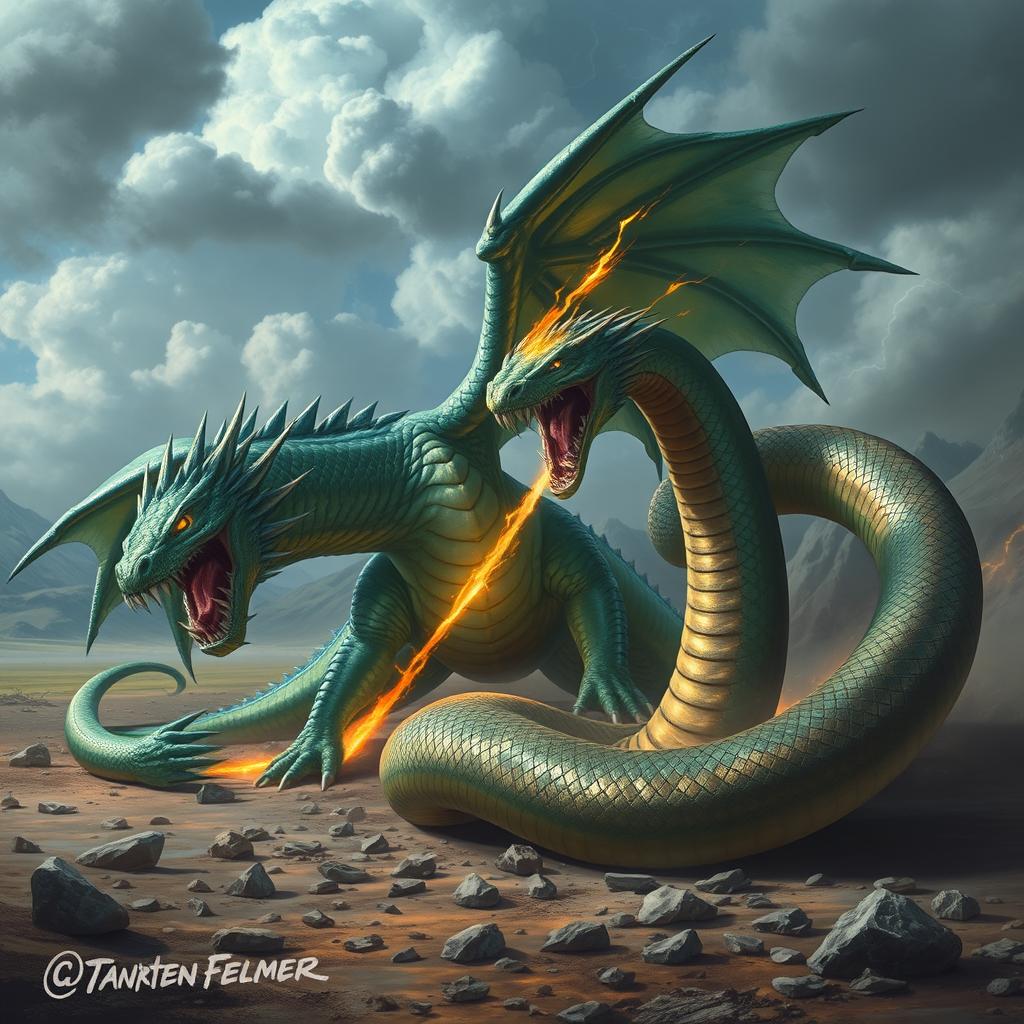 A fierce battle scene between a colossal dragon and a massive serpent, set in a dramatic landscape