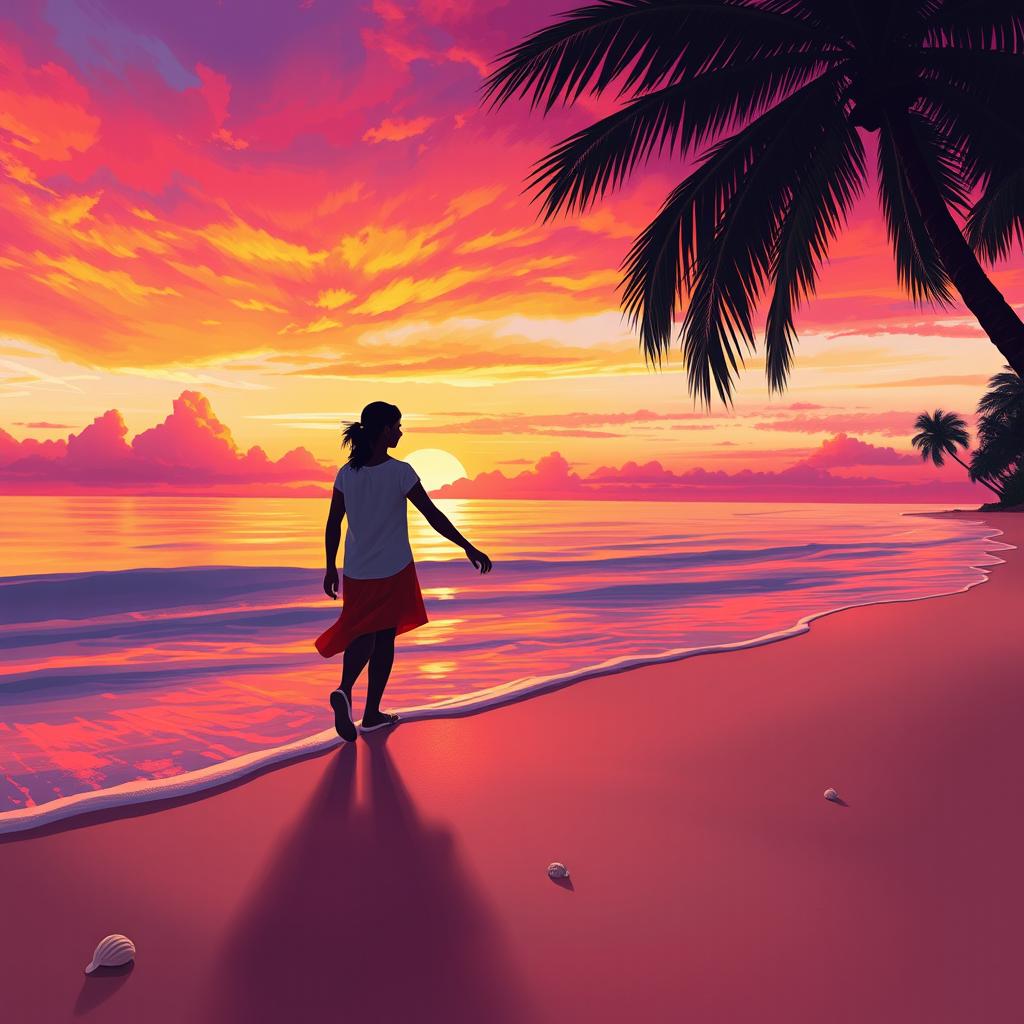 A digital painting inspired by the provided photo, featuring a vibrant sunset with rich hues of orange, pink, and purple blending in the sky, reflecting off a calm ocean surface