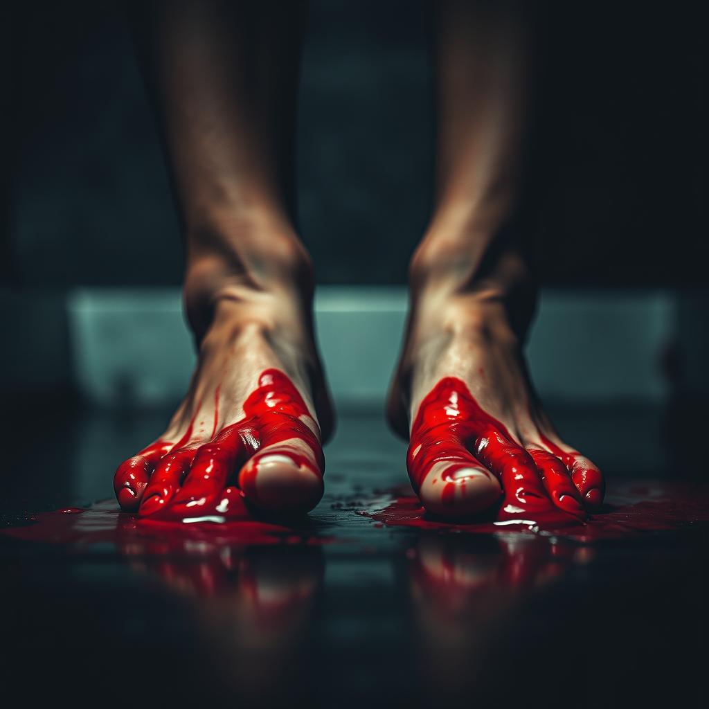 A dramatic scene depicting a person's feet covered in blood, accentuating the vivid red color against the skin