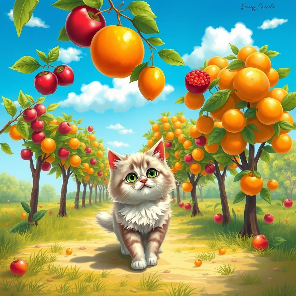 A whimsical scene depicting a fluffy cat walking through a vibrant orchard filled with colorful fruit trees, such as apple, cherry, and orange trees