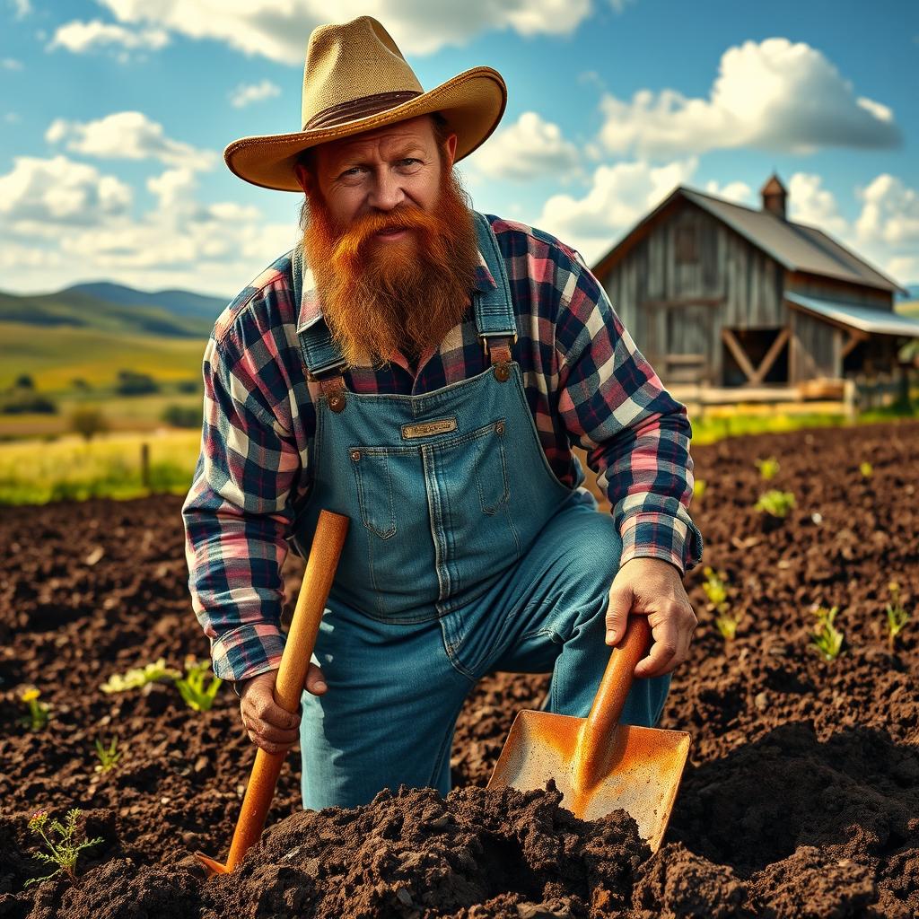A rugged redneck man, clad in denim overalls and a plaid shirt, digging in the dirt with an old rusty shovel