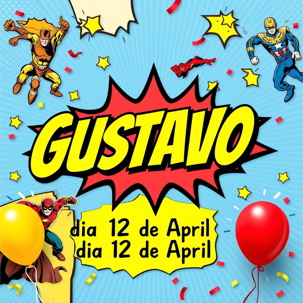 A vibrant birthday invitation design featuring an exciting superhero theme similar to the Avengers style