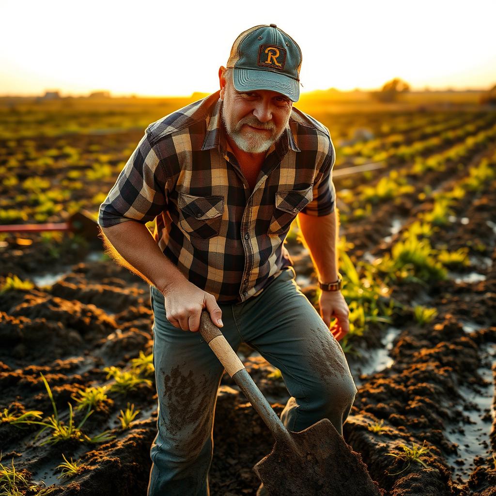 A rugged redneck man in a muddy field, wearing a plaid shirt and a worn-out baseball cap, digging enthusiastically with a shovel