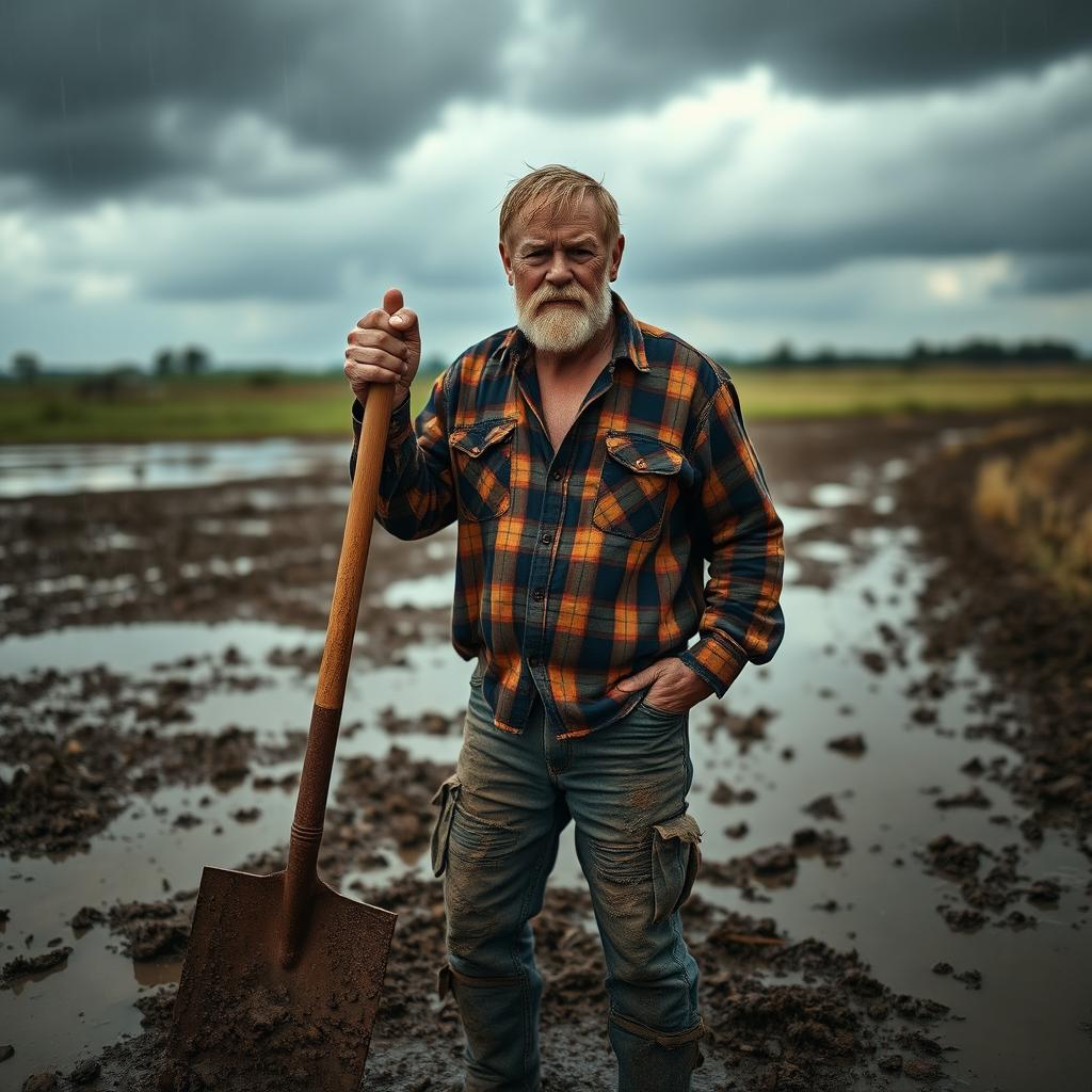 A rugged redneck man standing in the muddy ground during a rainstorm, holding a sturdy shovel