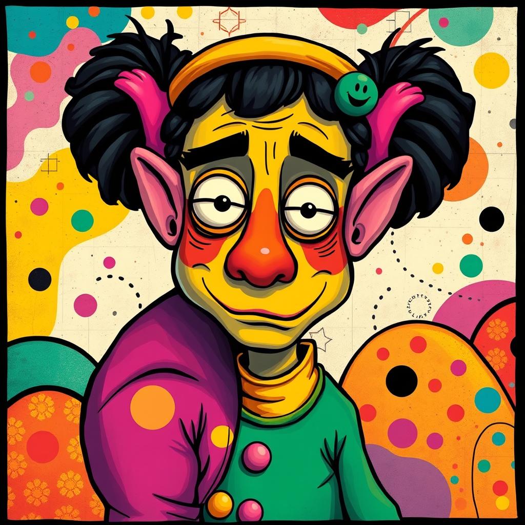 A colorful and vibrant illustration of a surreal, cartoonish figure inspired by a mix of iconic elements from art and pop culture