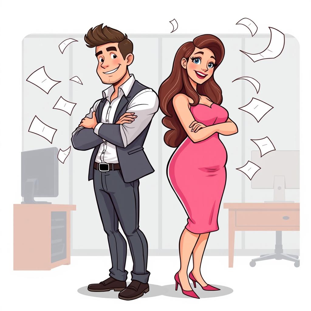 A cartoon-style illustration for an ebook cover featuring a handsome 30-year-old male CEO and a beautiful plus-size woman weighing 97 kg