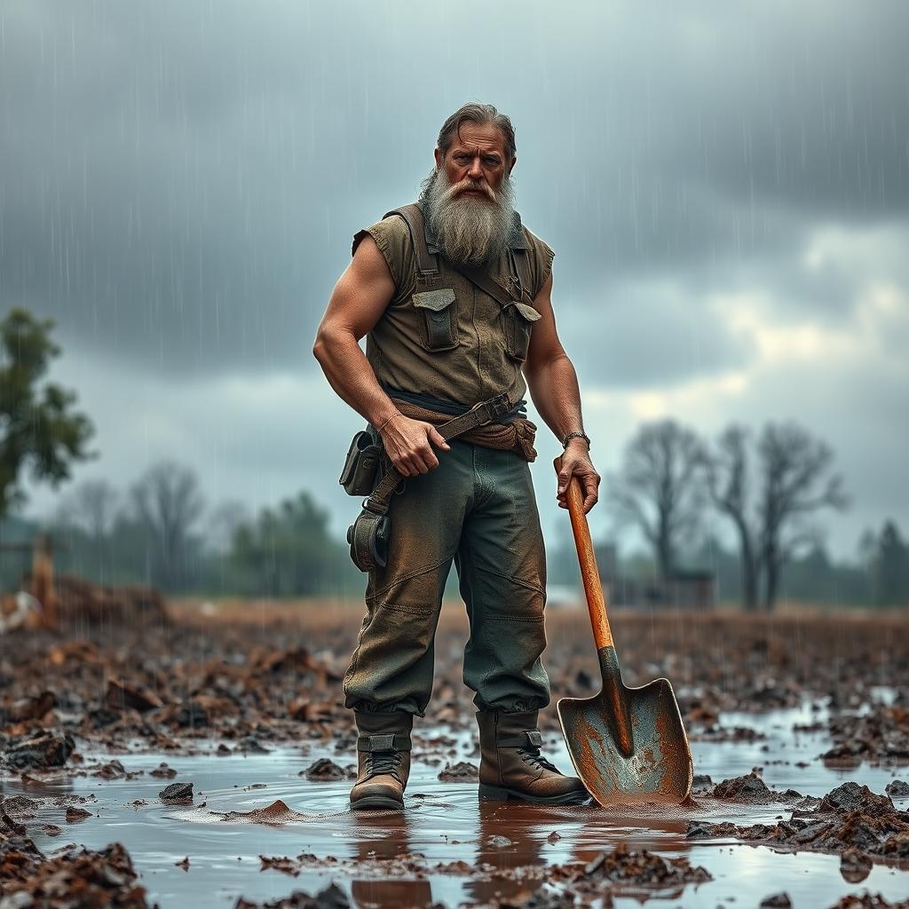 A rugged redneck character in worn-out clothes, standing in a muddy area under a rainy sky, holding a shovel