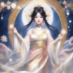 Ai Hoshino portrayed as a divine goddess, adorned with ethereal garments and surrounded by celestial light