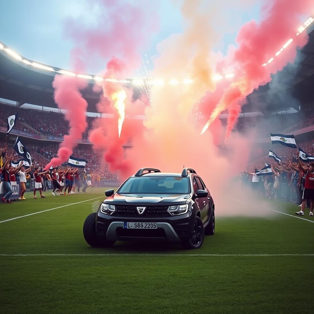 A black DACIA DUSTER taxi parked in the middle of the grass field at Estádio Dom Afonso Henriques, surrounded by enthusiastic fans in the stands waving black and white flags