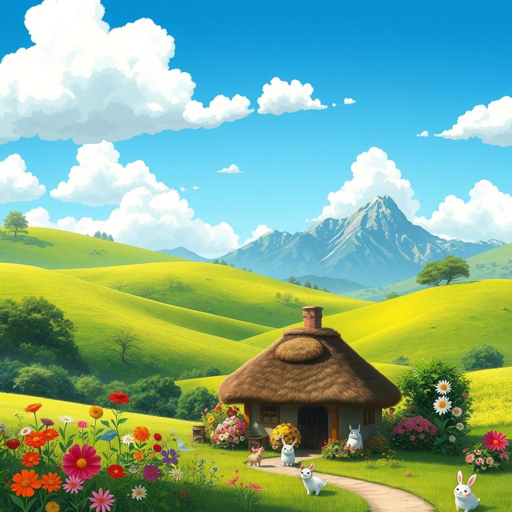A whimsical, lush landscape inspired by Studio Ghibli