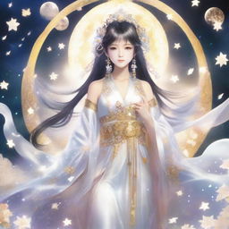 Ai Hoshino portrayed as a divine goddess, adorned with ethereal garments and surrounded by celestial light