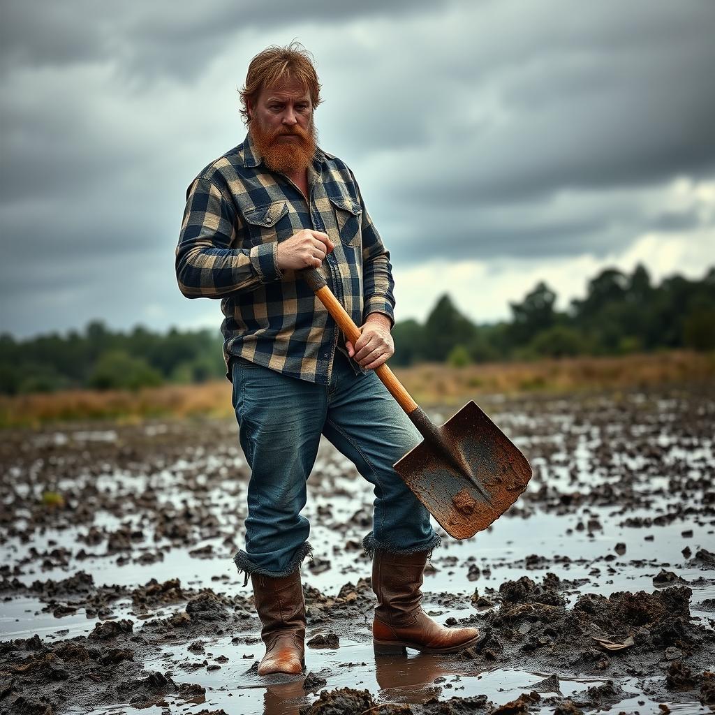 A rugged redneck man wearing a plaid shirt and worn-out jeans, standing in a muddy, rain-soaked field, gripping a heavy shovel