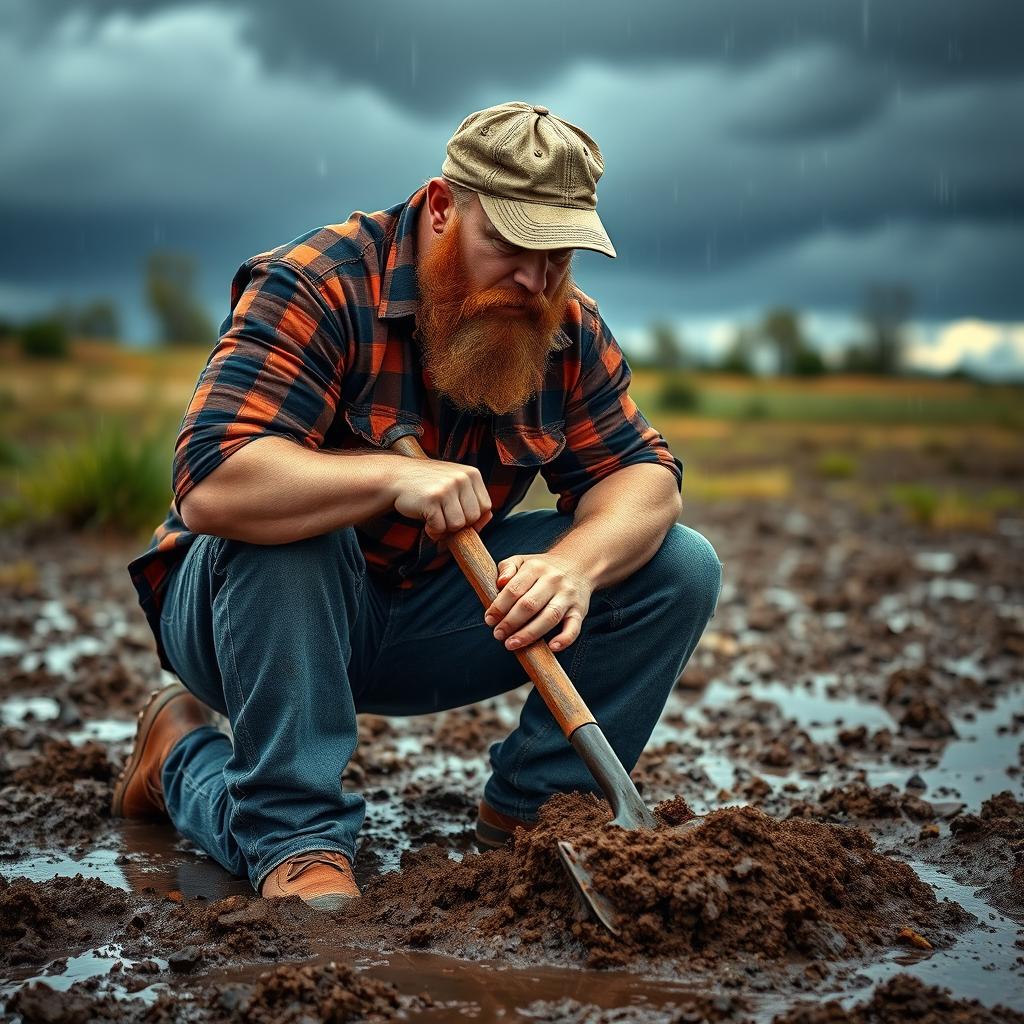 A rugged, muscular redneck man with a scruffy beard and wearing a plaid shirt, jeans, and a weathered baseball cap