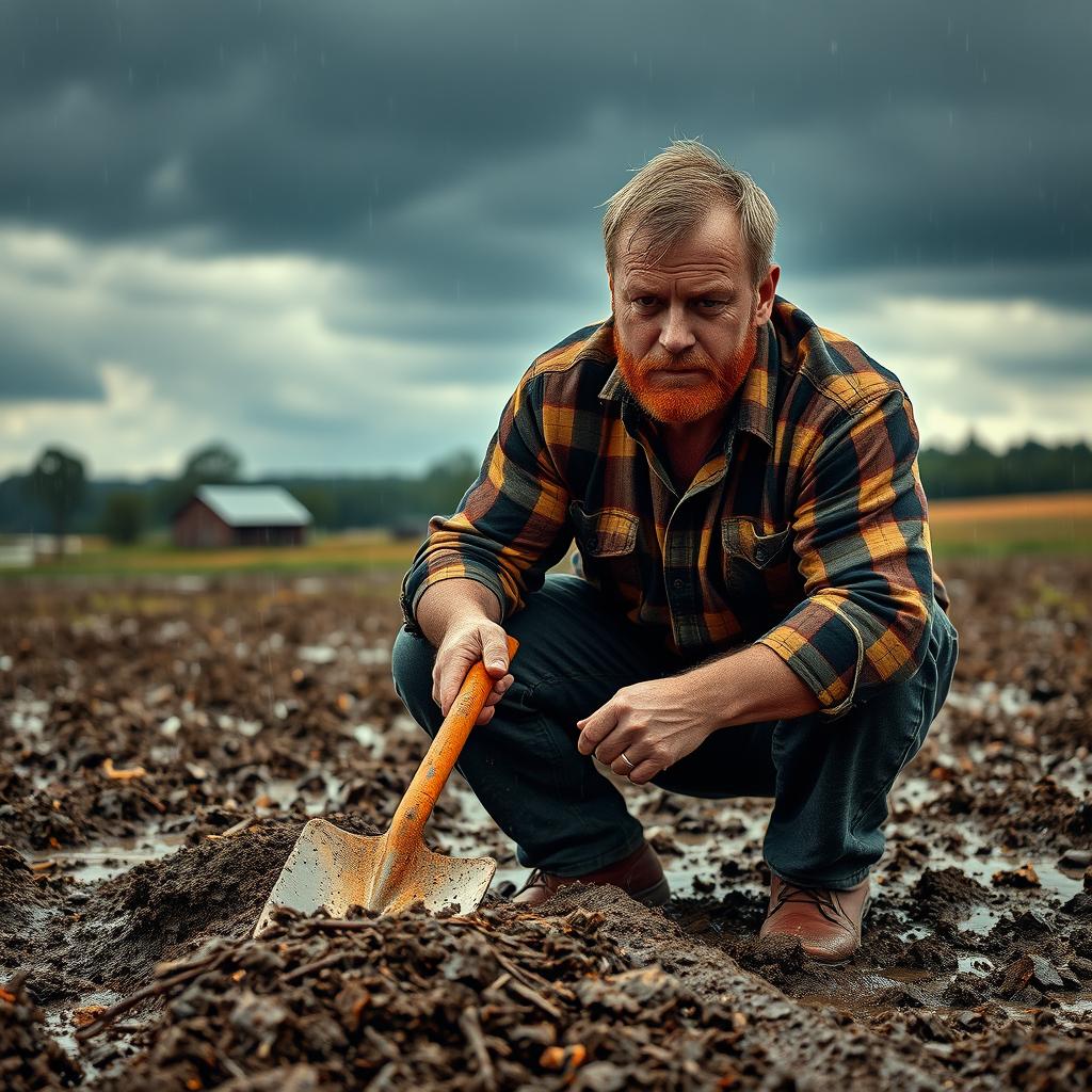 A rugged redneck man, dressed in a plaid shirt and worn jeans, kneeling in a muddy field under a dark overcast sky