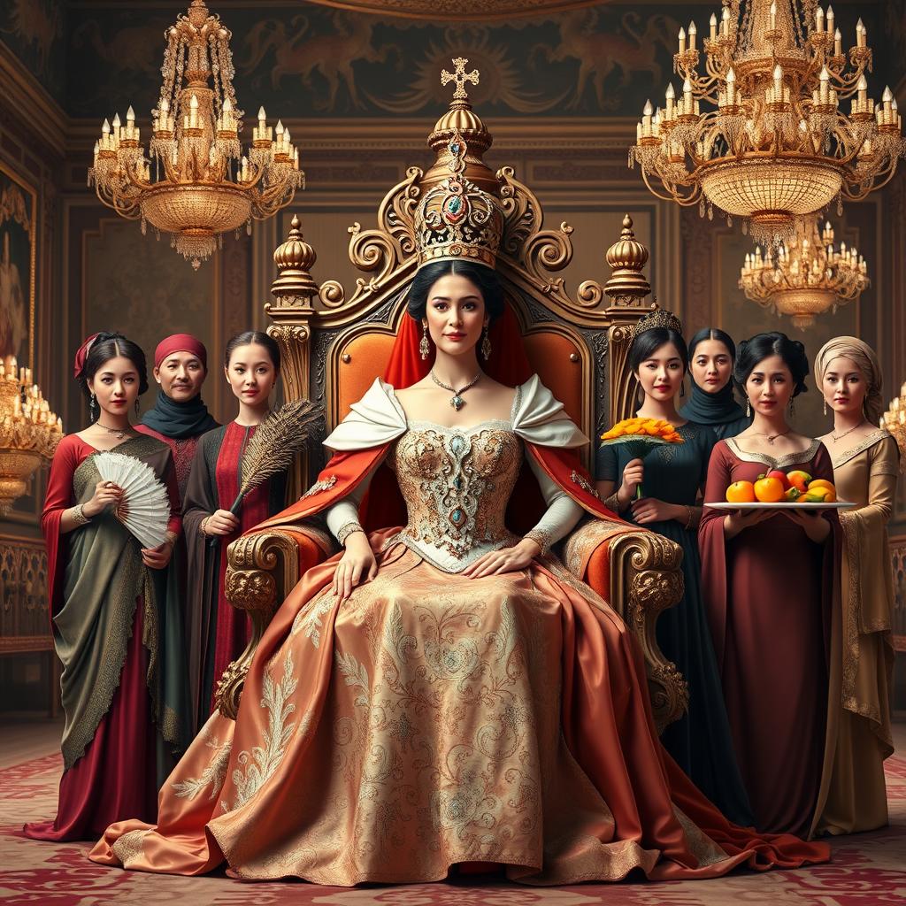 A majestic queen seated on an ornate throne, wearing a stunning royal gown embellished with jewels