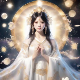 Ai Hoshino portrayed as a divine goddess, adorned with ethereal garments and surrounded by celestial light