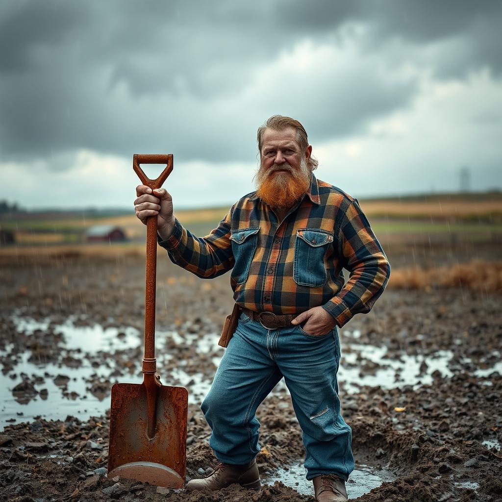 A rugged, weathered redneck character clad in flannel and denim, standing in a muddy landscape during a rainstorm