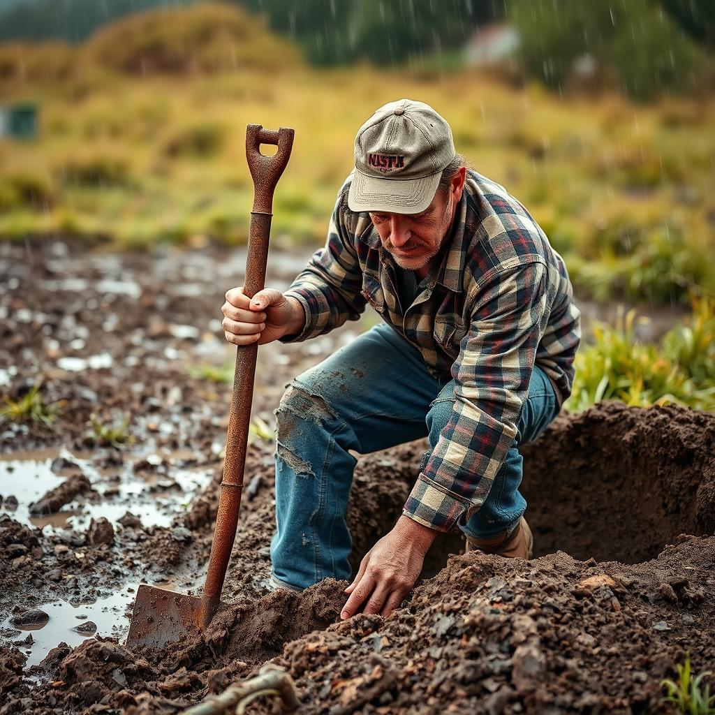 A rugged redneck, dressed in worn-out jeans and a plaid shirt, is digging in the muddy ground with a rusty shovel