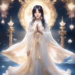 Ai Hoshino portrayed as a divine goddess, adorned with ethereal garments and surrounded by celestial light