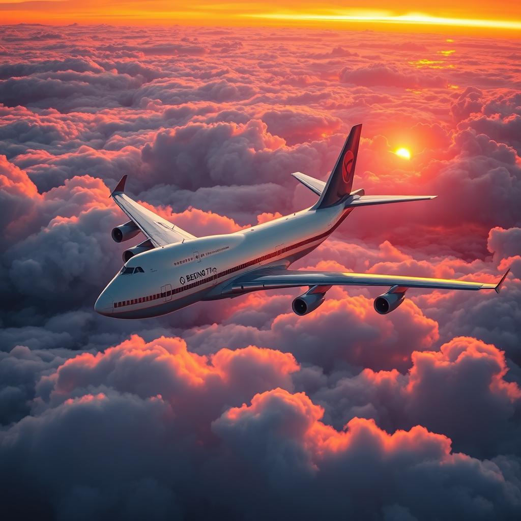 A Boeing 747-200 soaring through fluffy clouds, illuminated by the warm hues of a breathtaking sunset in the background