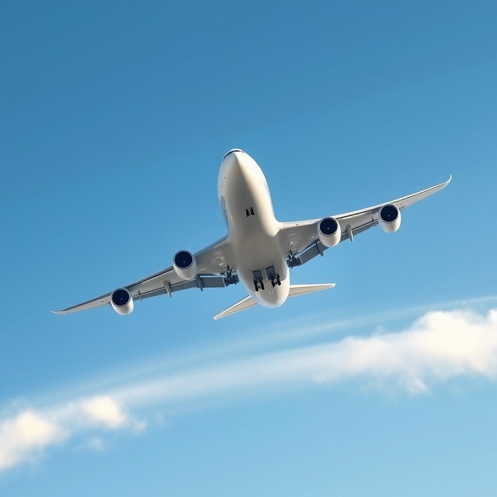 A majestic Boeing 747 flying solo in a clear blue sky, showcasing its elegant form and powerful wings