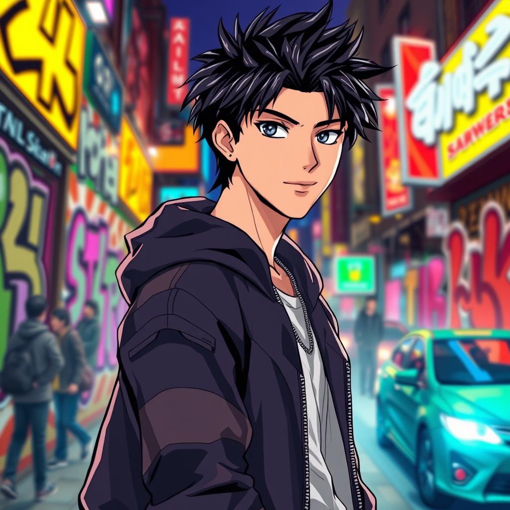 A stylish and dynamic manhwa anime-style illustration featuring a confident young adult male character with tousled black hair, wearing a modern streetwear outfit