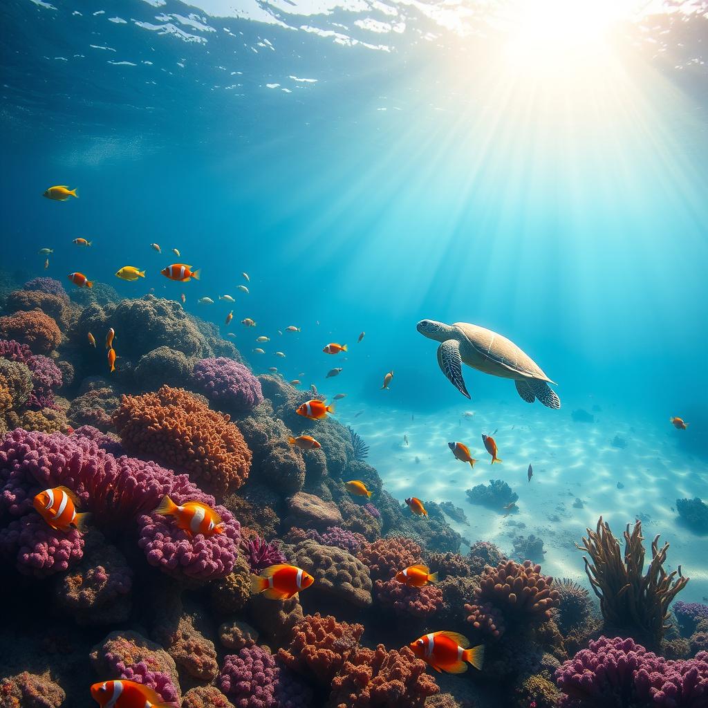 A serene and enchanting underwater scene featuring a vibrant coral reef teeming with various colorful fish, including clownfish, angelfish, and parrotfish