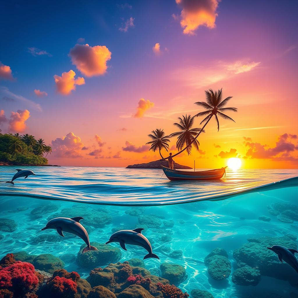 A lush tropical island scene featuring a vibrant sunset over the ocean