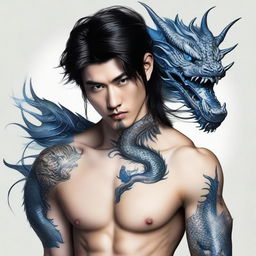 Ethereal and handsome Asian male with deep black hair, entrancing blue eyes, and a detailed dragon tattoo trailing from the left side of his neck down to his chest.