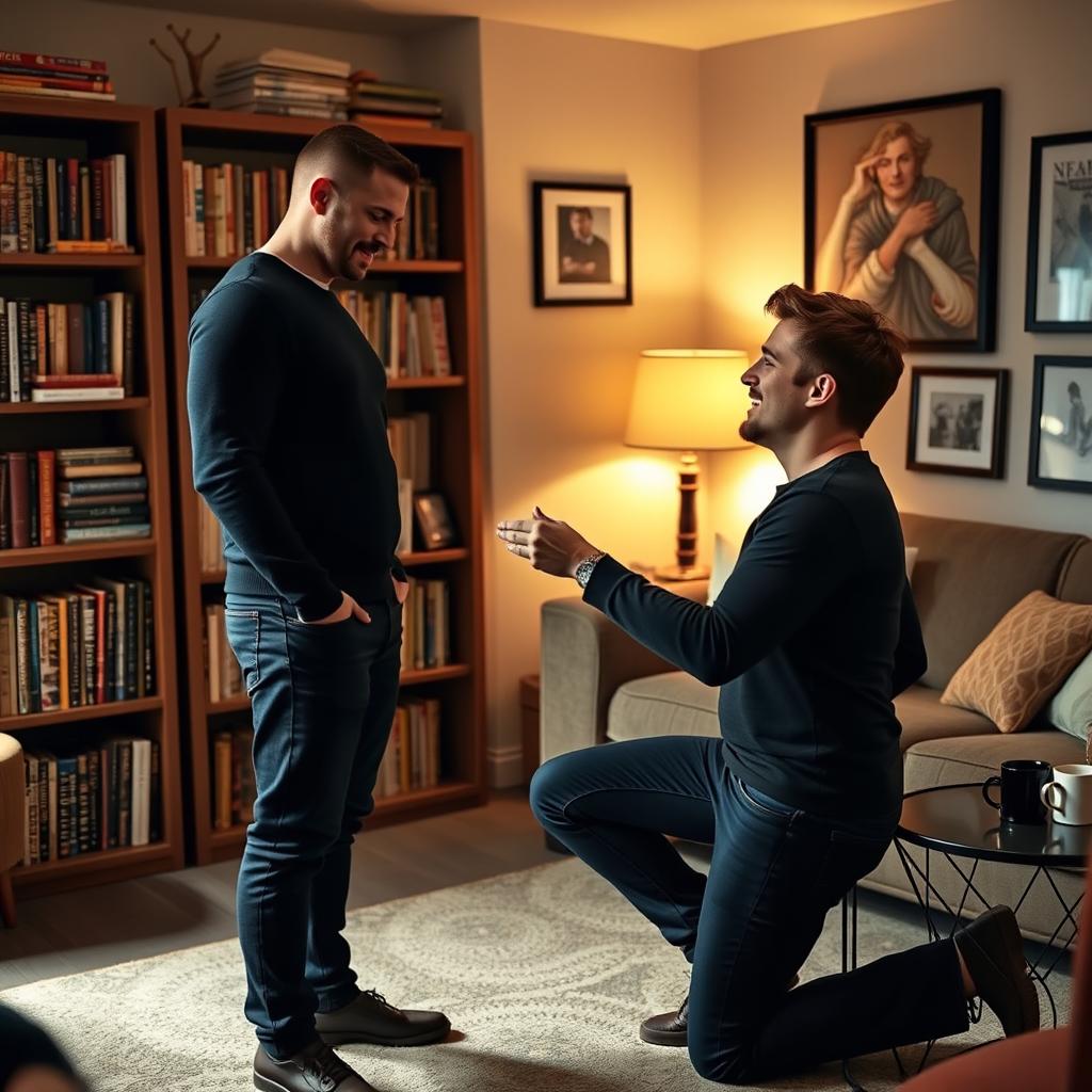 In a cozy, warmly lit apartment, Steve Rogers, wearing a fitted navy sweater and dark jeans, is kneeling on one knee in front of Matt Murdock