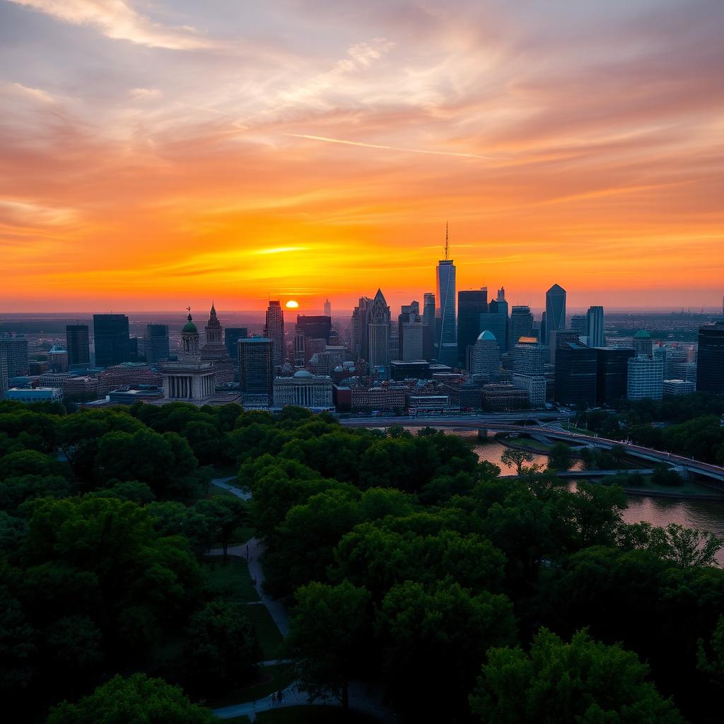 A breathtaking aerial view of a vibrant city skyline at sunset, highlighting a mix of modern skyscrapers and historic architecture