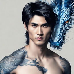 Ethereal and handsome Asian male with deep black hair, entrancing blue eyes, and a detailed dragon tattoo trailing from the left side of his neck down to his chest.