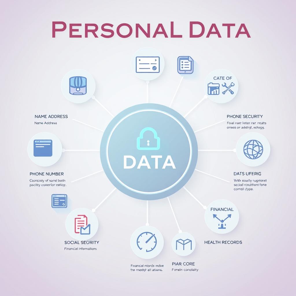 A visually informative representation demonstrating various types of personal data such as name, address, email, phone number, date of birth, social security number, financial information, and health records