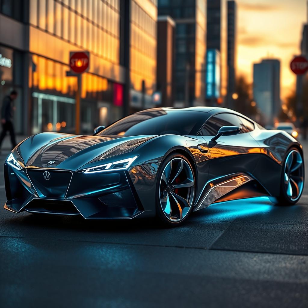 A futuristic car design featuring sleek aerodynamic shapes, illuminated accents, and a glossy metallic finish