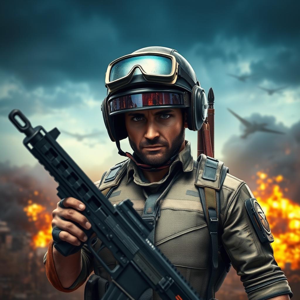A clear representation of an intense PUBG character in a battle-ready stance, dressed in a tactical outfit with camouflage patterns, sporting a helmet and goggles, holding a weapon slightly angled towards the viewer