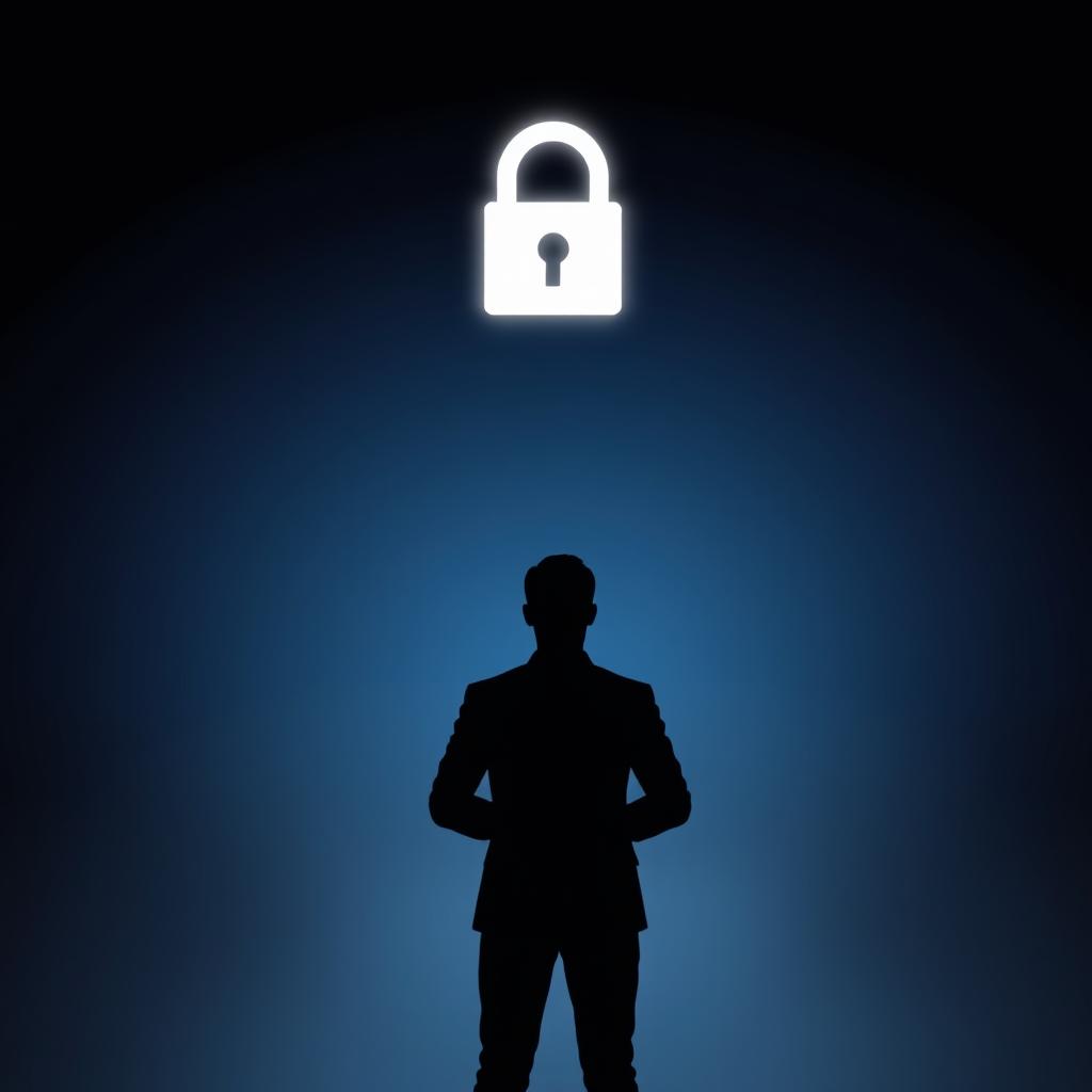 A dramatic silhouette of a person standing with their back facing the viewer, featuring a large lock symbol hovering above their head, symbolizing privacy and security