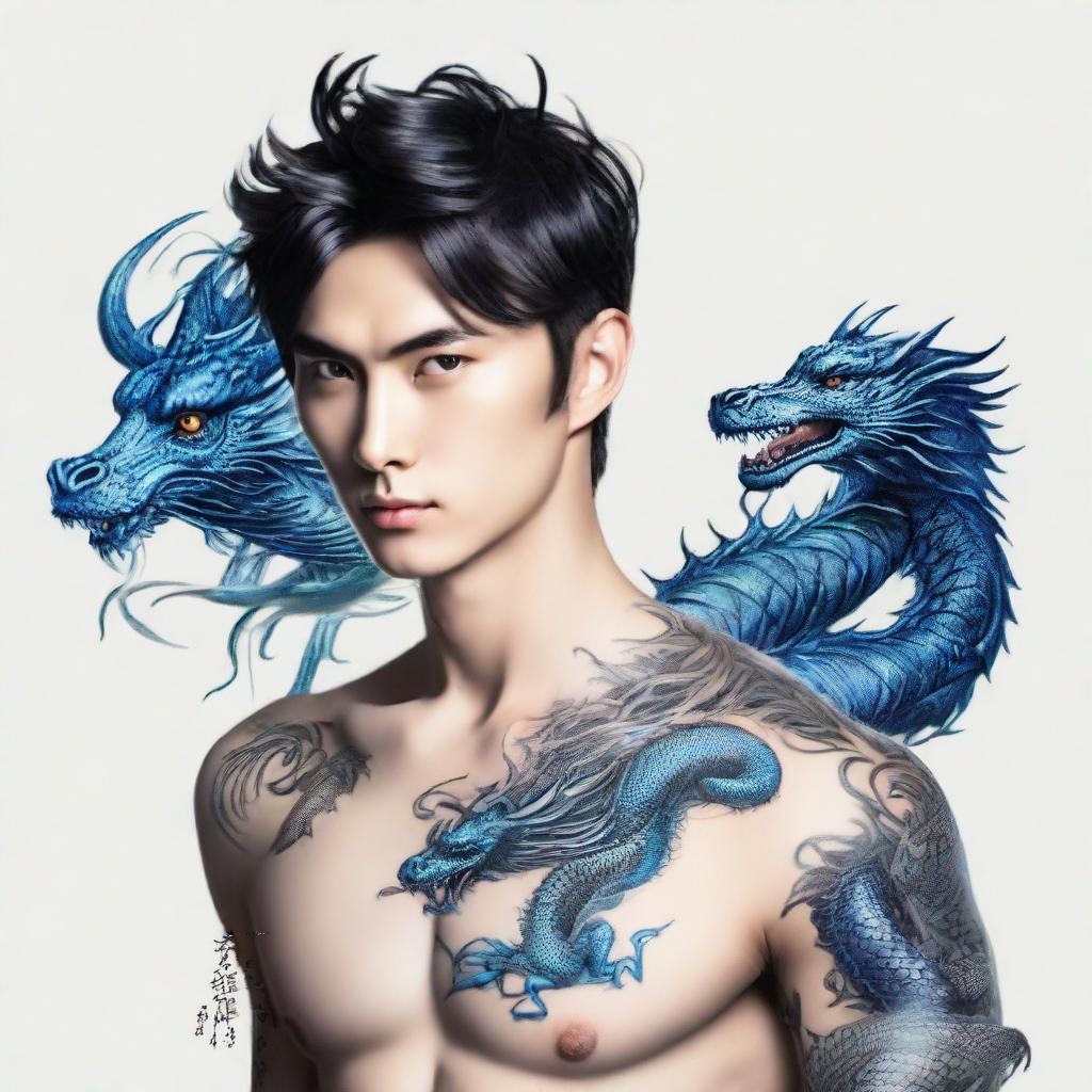 Ethereal and handsome Asian male with deep black hair, entrancing blue eyes, and a detailed dragon tattoo trailing from the left side of his neck down to his chest.