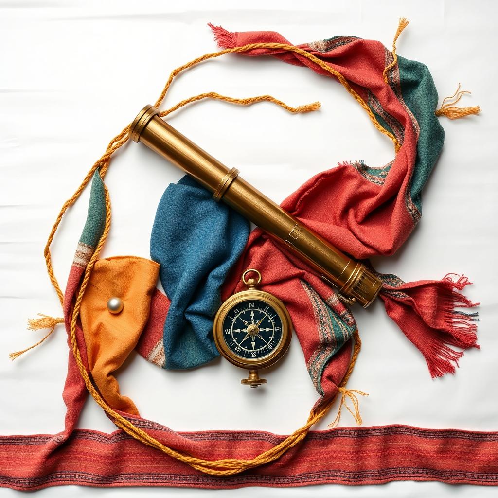 A stunning full-page arrangement of unique juhish woven cloth pieces, intricately intertwined with a golden strand, presented against a clean white background