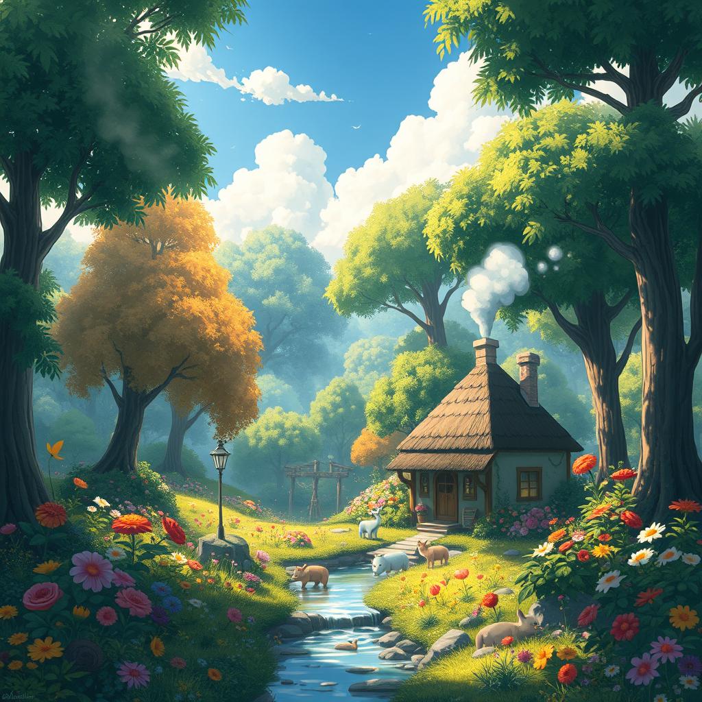 A whimsical Ghibli-style landscape featuring a lush, vibrant forest filled with whimsical creatures and magical plants