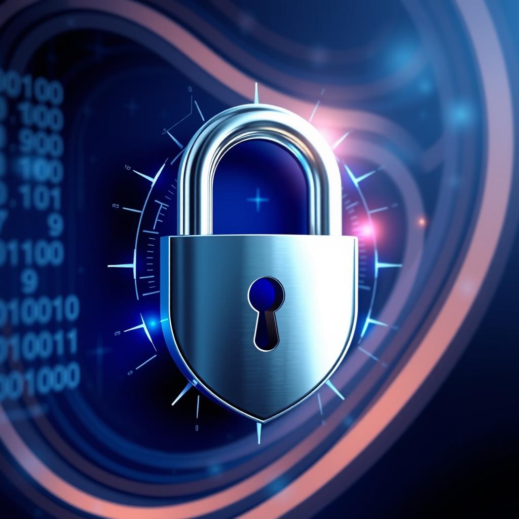 An artistic representation of a lock intertwined with a shield symbol, designed to convey security and protection