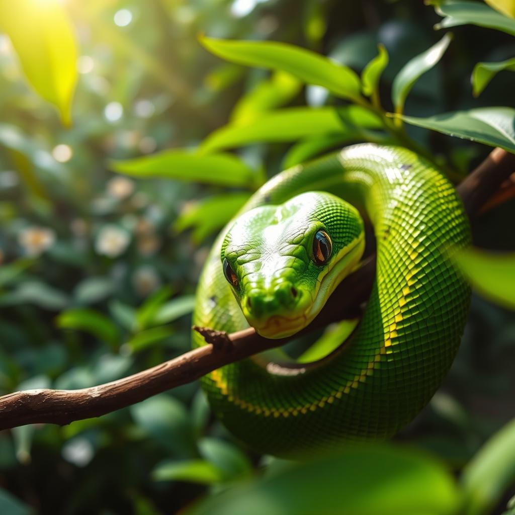 A highly detailed close-up of a vibrant green snake coiled around a branch in a lush rainforest