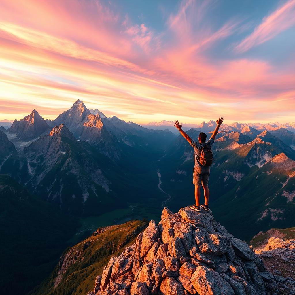 A breathtaking view of an exhilarating mountain landscape during golden hour, featuring majestic peaks bathed in warm sunlight, with a brave adventurer standing triumphantly at the summit, arms raised in celebration