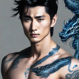 Ethereal and handsome Asian male with deep black hair, entrancing blue eyes, and a detailed dragon tattoo trailing from the left side of his neck down to his chest.